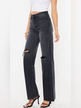 KANCAN Wide Leg Ultra High Rise 90’s Flare Distressed Dark Gray Jeans Like New